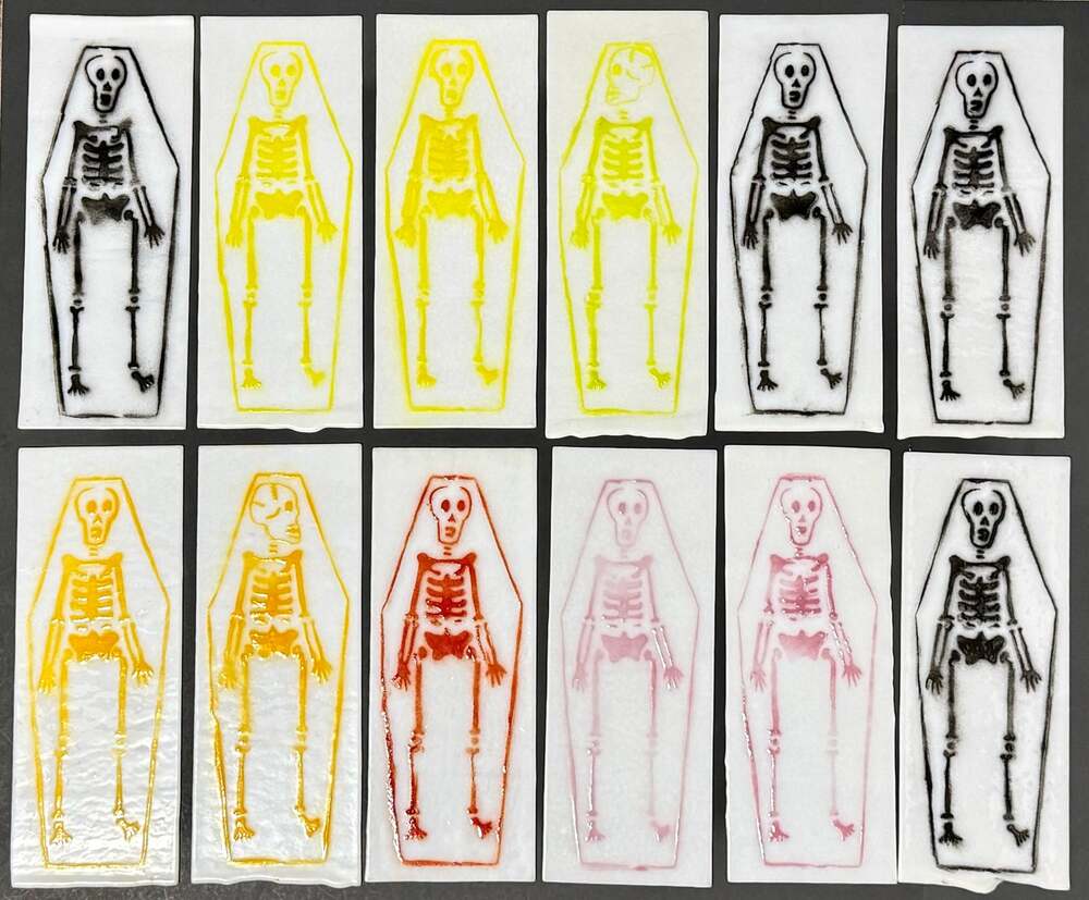 12 Skeleton Glass Panels 10x4 Skull Coffin Gothic Halloween Stained Glass Art